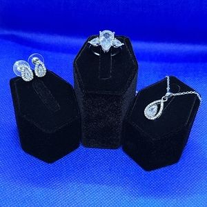 Necklace, Earrings and Ring set. Pear Shaped Halo CZ silver plated. Ring Size 6.